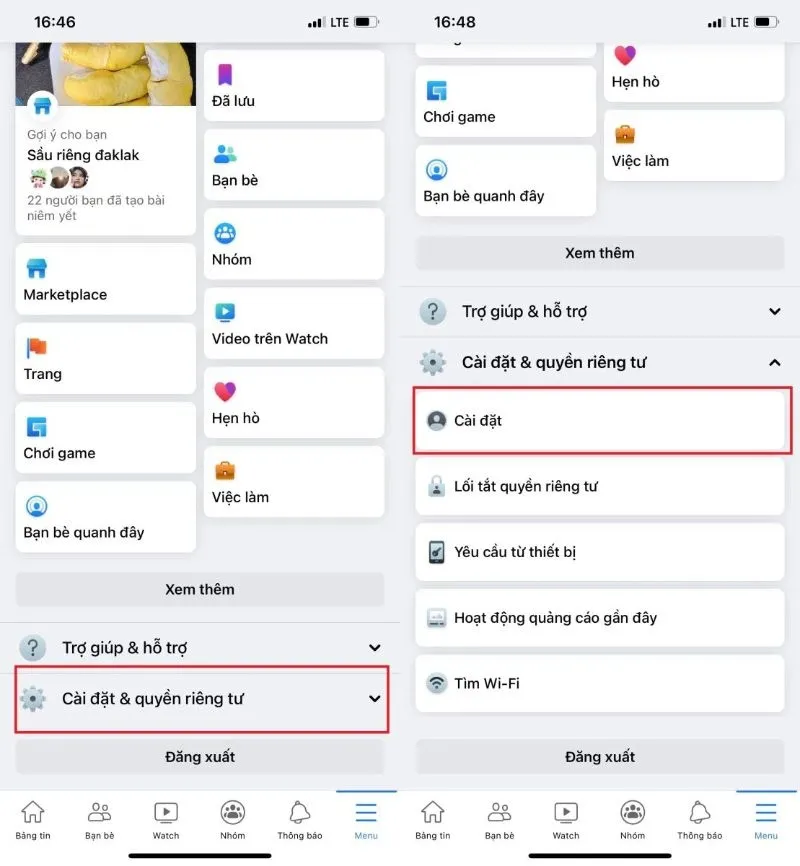 Giao diện mục Cài đặt & Quyền riêng tư trong hướng dẫn cách block facebook