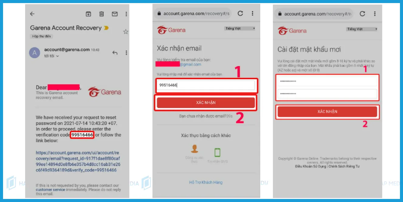 Giao diện nhập mã xác thực đã gửi đến Email, một bước quan trọng trong quá trình khôi phục mật khẩu Garena