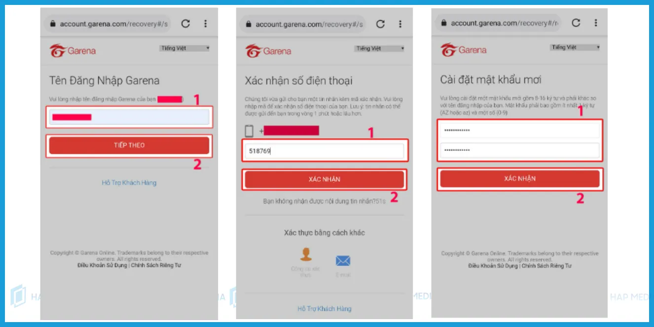 Giao diện nhập mã xác thực đã gửi đến số điện thoại, một bước quan trọng trong quá trình khôi phục mật khẩu Garena