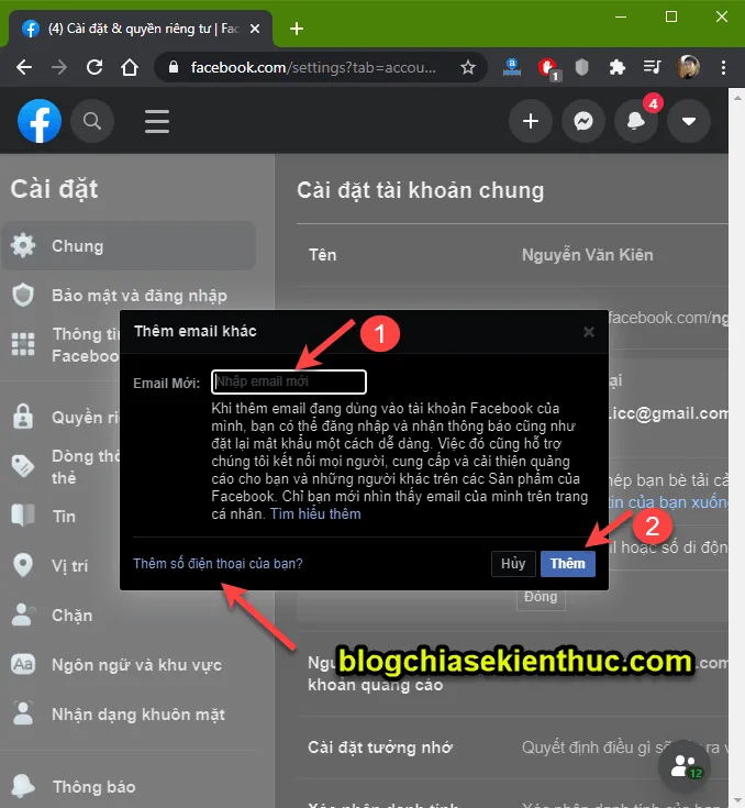 Giao diện nhập thông tin, người dùng điền số điện thoại hoặc email mới muốn liên kết với tài khoản Facebook.