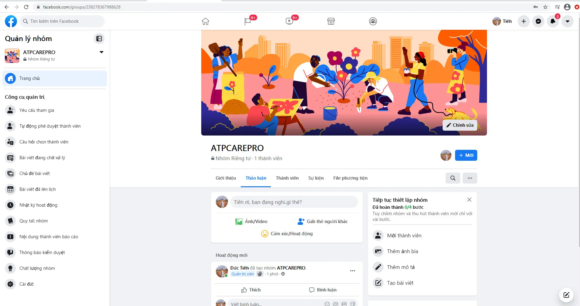 Giao diện nhóm Facebook mới tạo, cần thêm Ảnh bìa và thiết lập Cá nhân hóa nhóm của bạn