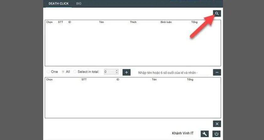 Giao diện phần mềm Scan Friend FB, nhấn biểu tượng kính lúp để quét danh sách bạn bè