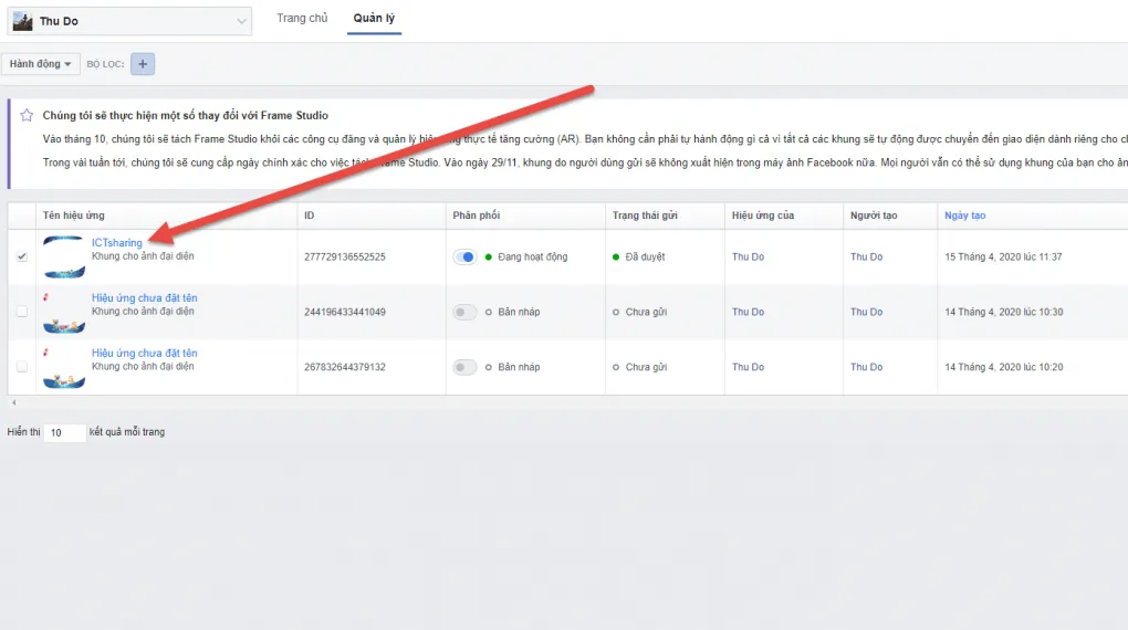 Giao diện quản lý Frame Studio sau khi Frame đã được đăng, cho phép click vào để xem chi tiết