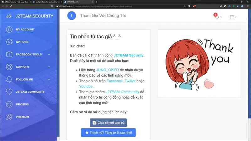 Giao diện tab mới sau khi cài đặt thành công tiện ích J2TEAM Security