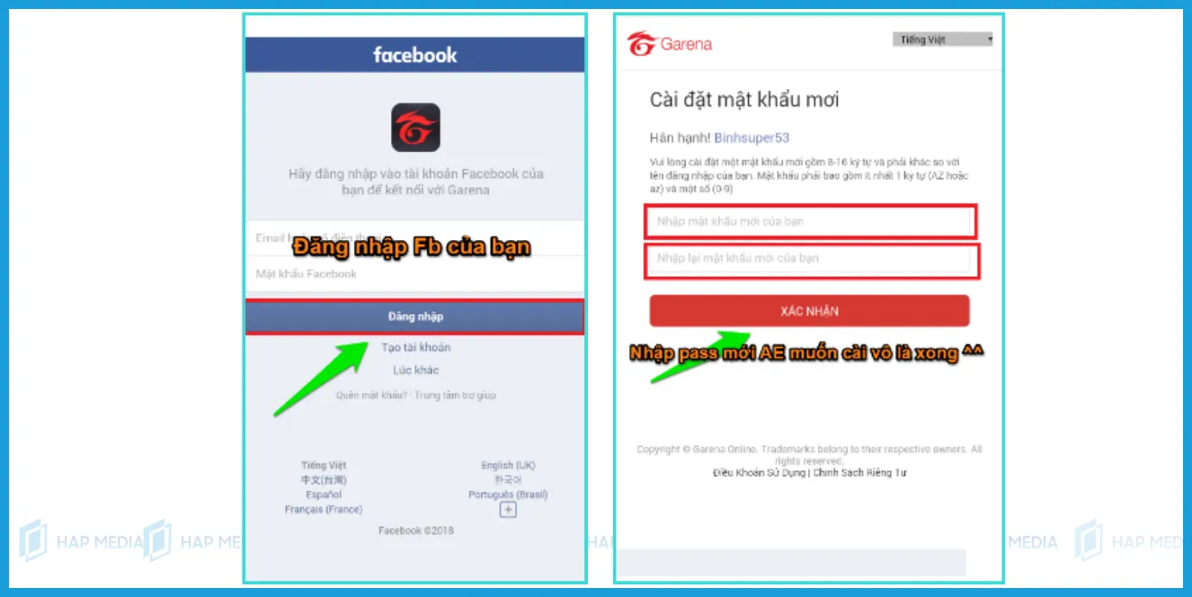 Giao diện "TẠO MẬT KHẨU MỚI" của Garena, nơi người dùng nhập và xác nhận mật khẩu mới sau khi xác thực thành công