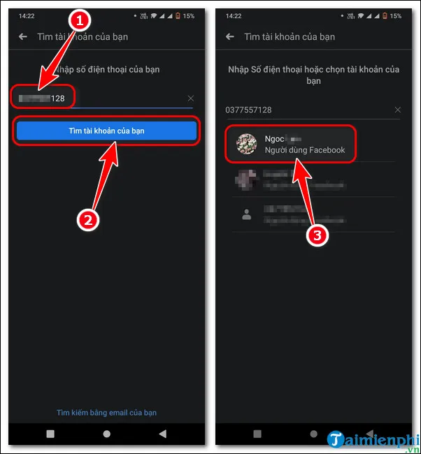 Giao diện tìm kiếm tài khoản và chọn phương thức đăng nhập Messenger