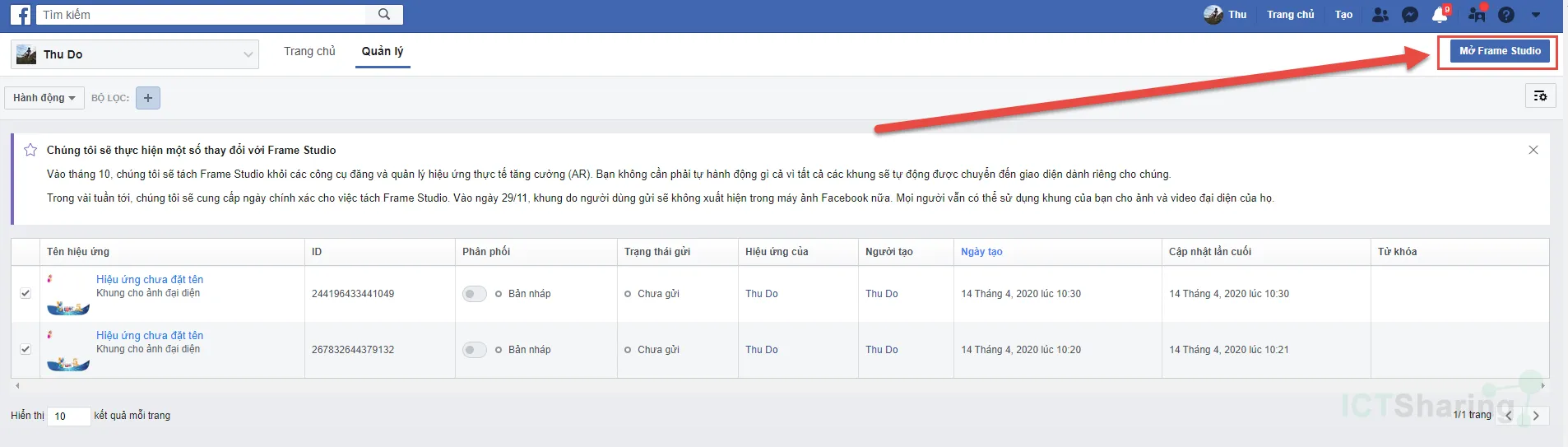 Giao diện trang quản lý Frame Studio với tùy chọn Mở Frame Studio