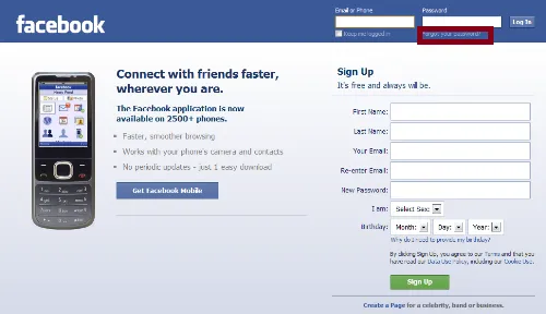 Giao diện yêu cầu quên mật khẩu của Facebook trong quy trình cách hack tài khoản facebook bằng điện thoại