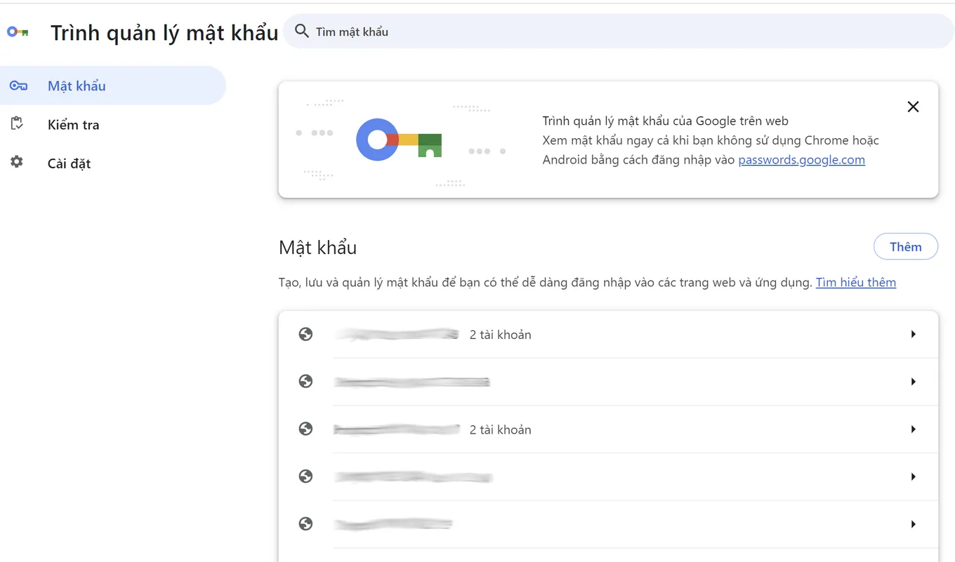 Gõ từ khóa "Facebook" vào khung tìm kiếm mật khẩu trên Google Password Manager