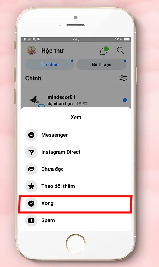 Hình ảnh minh họa các bước bấm vào mục tùy chọn rồi chọn "Xong" để chốt đơn hàng trong giao diện tin nhắn