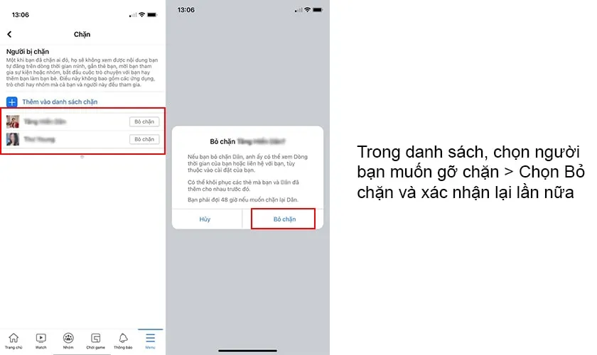 Hình ảnh minh họa các bước bỏ chặn bạn bè trên Facebook trên điện thoại