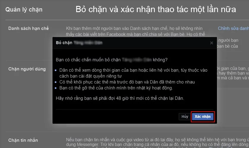 Hình ảnh minh họa các bước bỏ chặn bạn bè trên Facebook trên máy tính