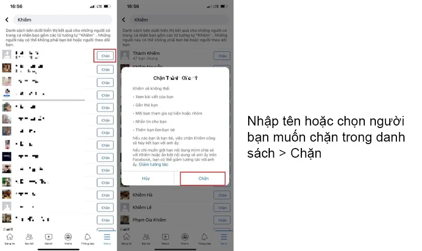 Hình ảnh minh họa các bước chặn bạn bè trên Facebook trên điện thoại