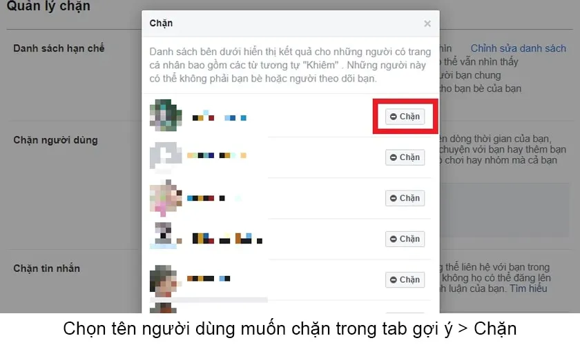 Hình ảnh minh họa các bước chặn bạn bè trên Facebook trên máy tính