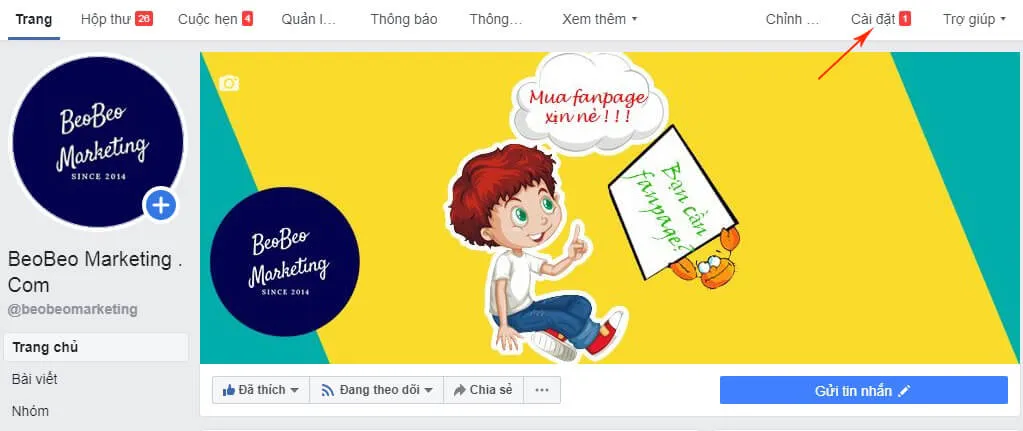 Hình ảnh minh họa cách truy cập Cài đặt Trang để kiểm tra người thích trang