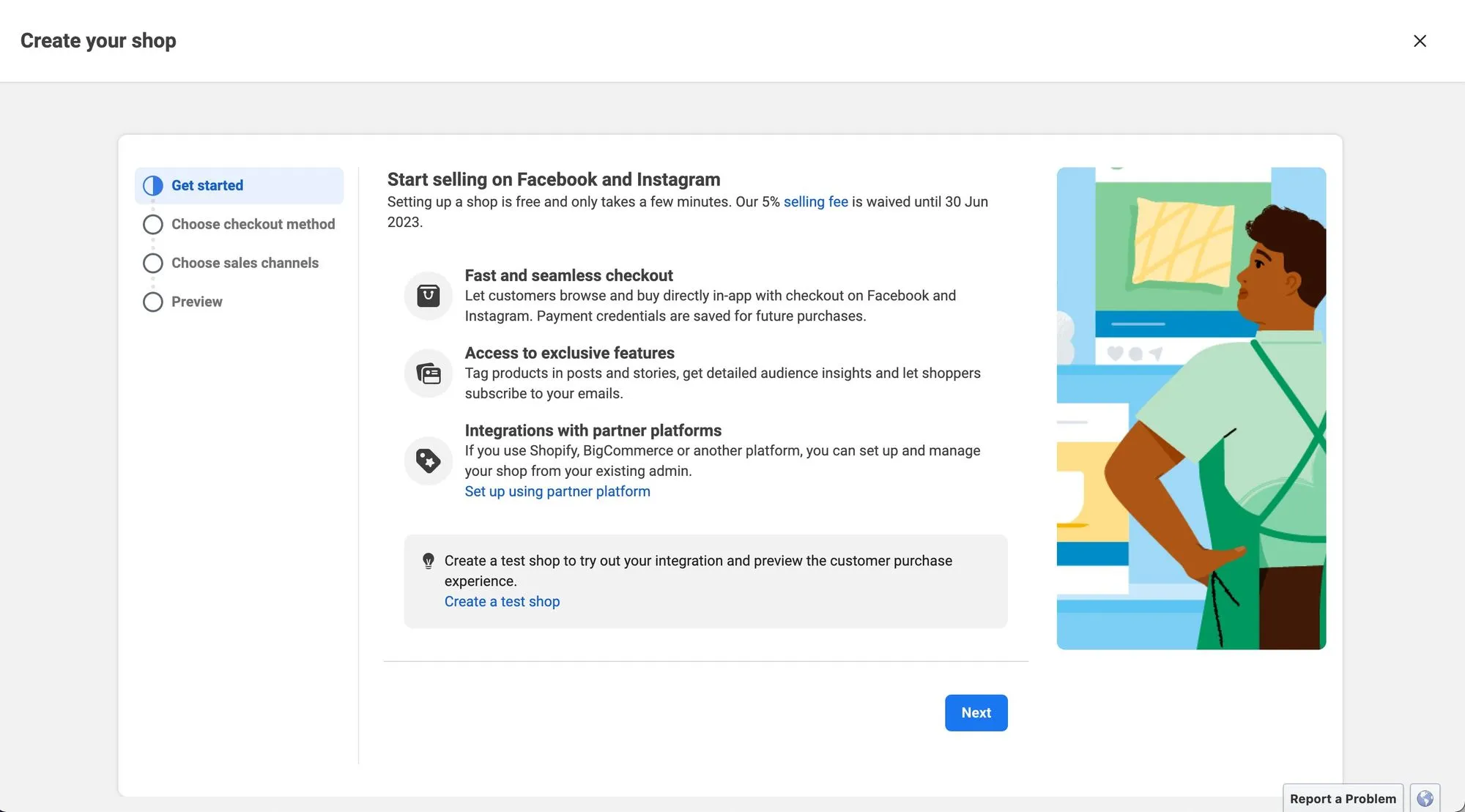 Hình ảnh này cho thấy cách tạo một cửa hàng trên Facebook