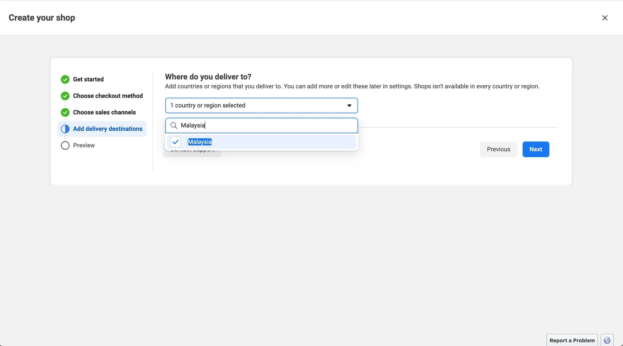 Hình ảnh này cho thấy cách thêm các quốc gia bạn giao hàng đến trong Meta Store của bạn