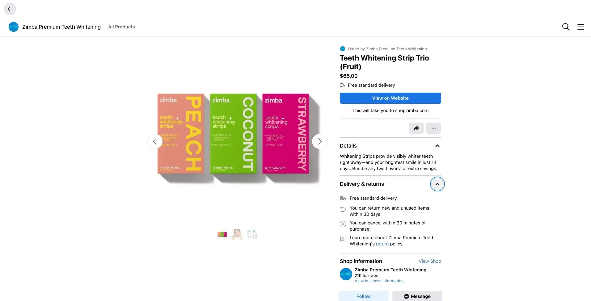 Hình ảnh này cho thấy Zimba, một thương hiệu làm trắng răng, đã nhiệt tình tận dụng Facebook Shops để mở rộng kênh phân phối và kết nối với khách hàng trên Facebook và Instagram. Với sự hiện diện sẵn có trên các nền tảng này và danh mục trực tuyến, việc thiết lập Cửa hàng trên Facebook Shop Manager là một quá trình đơn giản đối với Zimba.