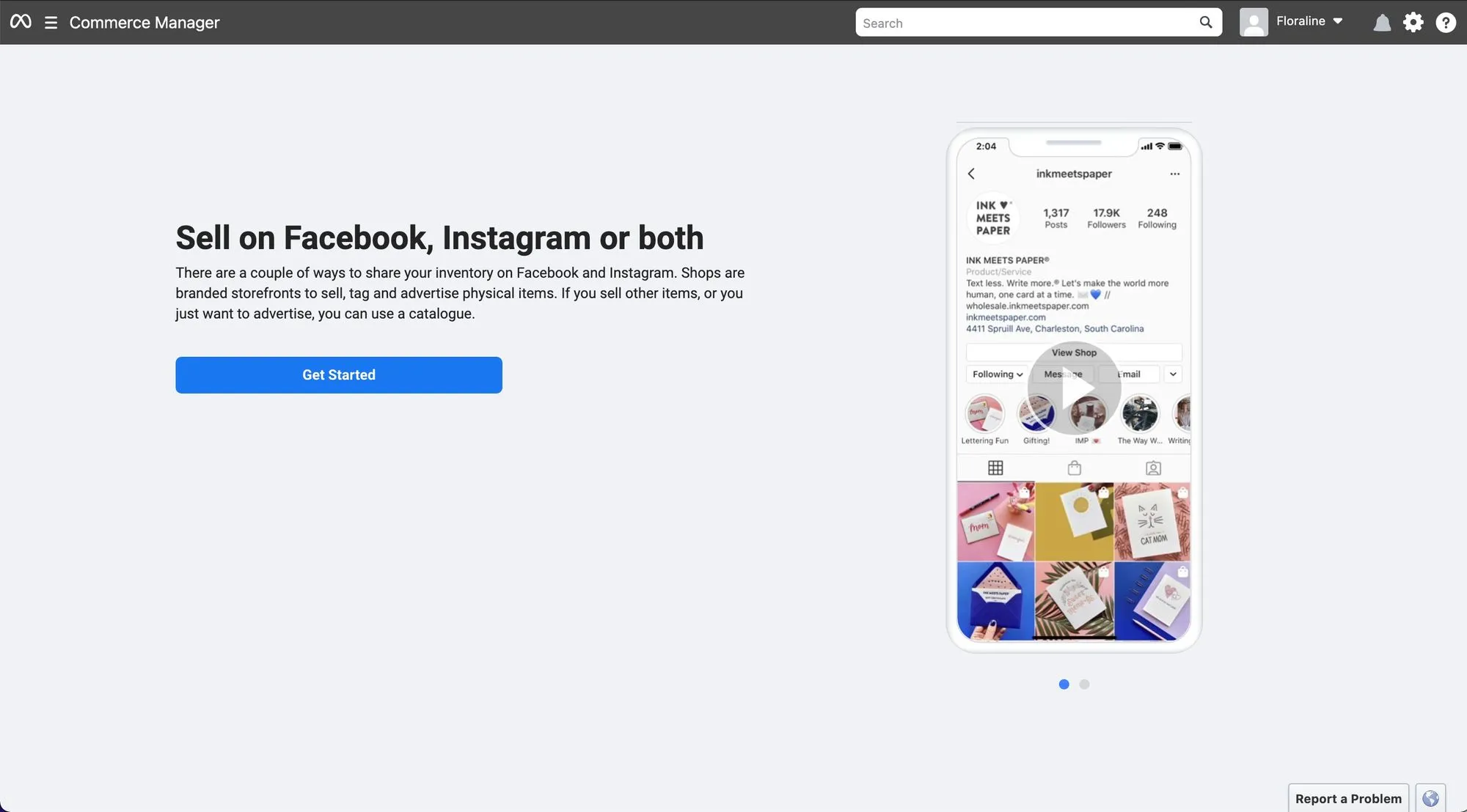 Hình ảnh này hiển thị bước đầu tiên để thiết lập Cửa hàng trên Facebook: Nhấp vào bắt đầu