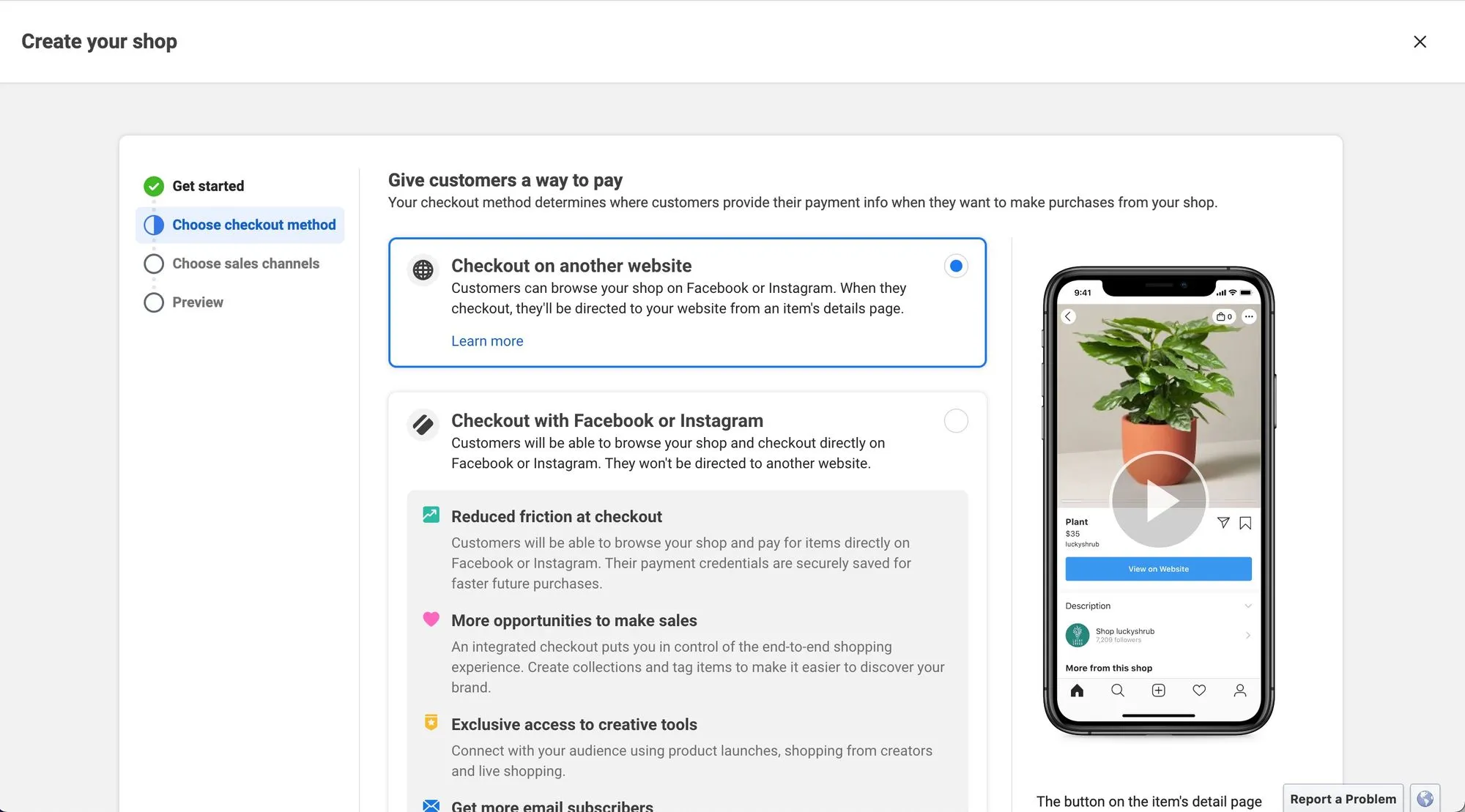 Hình ảnh này hiển thị bước thứ ba khi thiết lập cửa hàng trên Facebook: Chọn phương thức thanh toán.