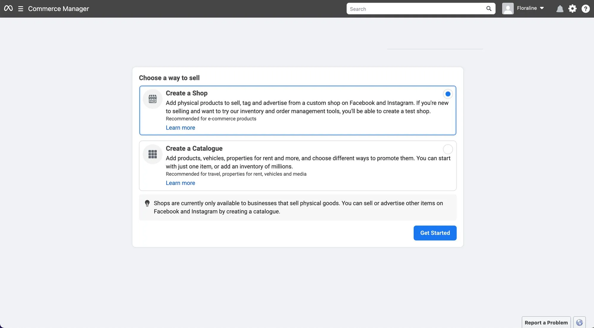 Hình ảnh này hiển thị bước thứ hai để thiết lập cửa hàng trên Facebook: Nhấp vào Tạo cửa hàng