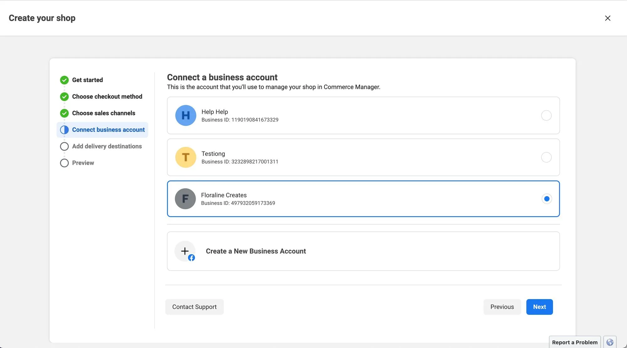 Hình ảnh này hiển thị bước thứ năm để tạo cửa hàng trên Facebook: Kết nối tài khoản doanh nghiệp.