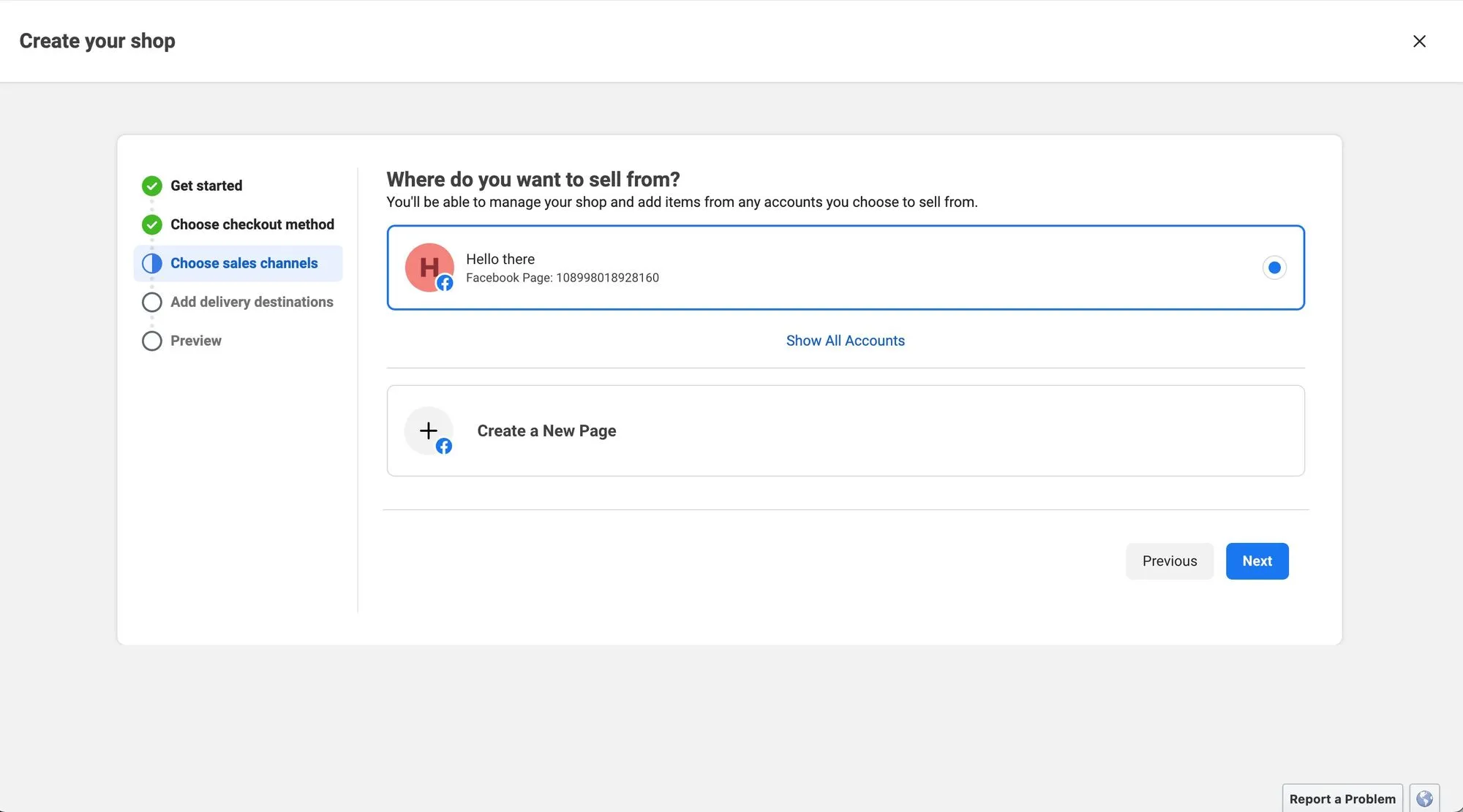 Hình ảnh này hiển thị bước thứ tư trong quá trình thiết lập Cửa hàng Facebook: Chọn hoặc tạo Trang Facebook.