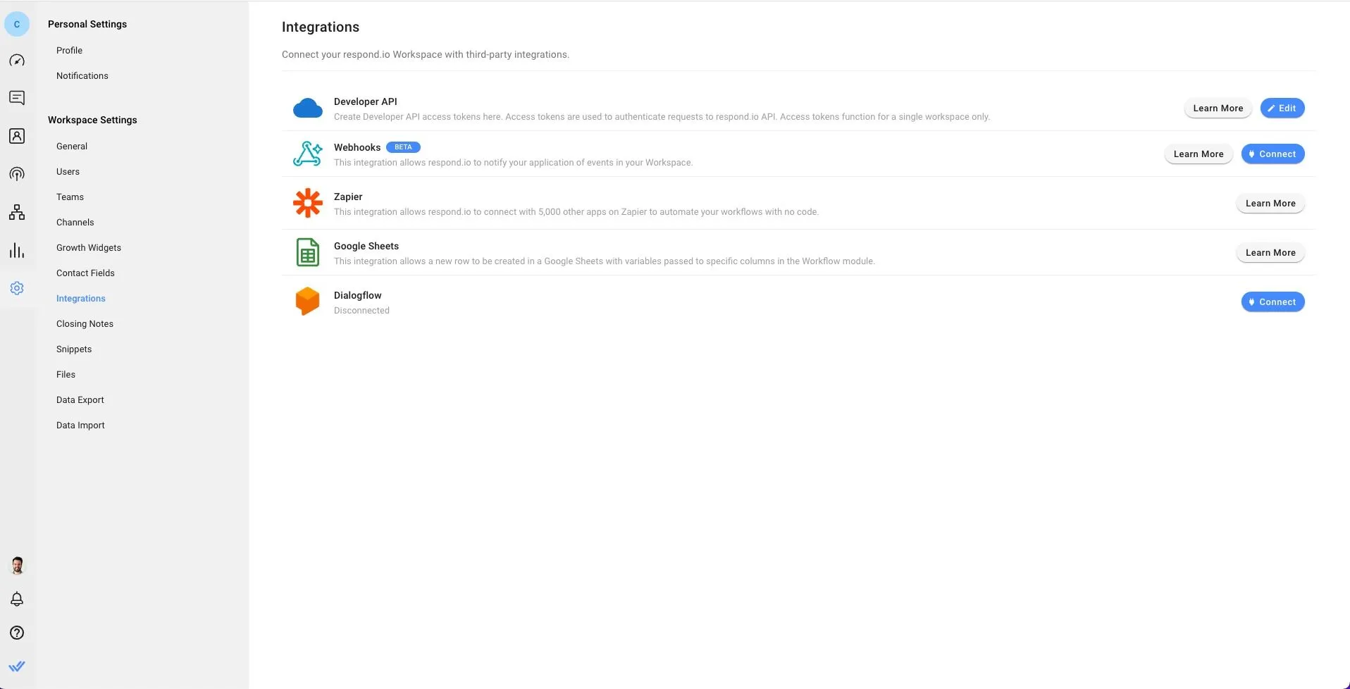 Hình ảnh này hiển thị một số tích hợp gốc của respond.io. Nếu công ty của bạn sử dụng CRM, cơ sở dữ liệu hoặc nền tảng tiếp thị qua email — ví dụ như — tích hợp vào hộp thư đến để thuận tiện. Respond.io được thiết kế để tích hợp liền mạch với các nền tảng kinh doanh yêu thích của bạn nhằm giảm tải cho nhân viên, cập nhật dữ liệu khách hàng và mang lại trải nghiệm tuyệt vời cho khách hàng.