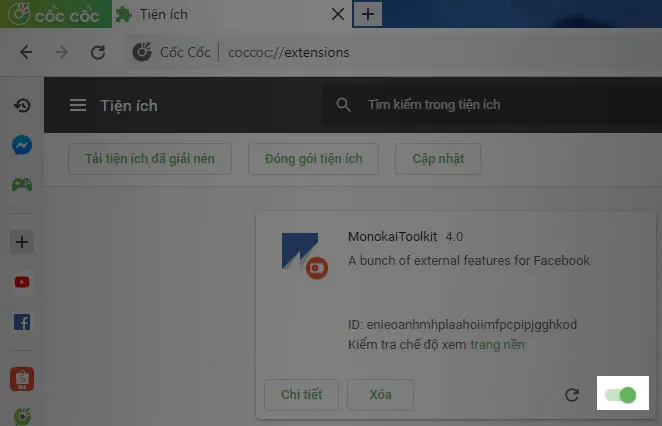 Hoàn tất cài đặt MonokaiToolkit, nút công tắc đã được bật để bắt đầu quá trình lọc bạn bè