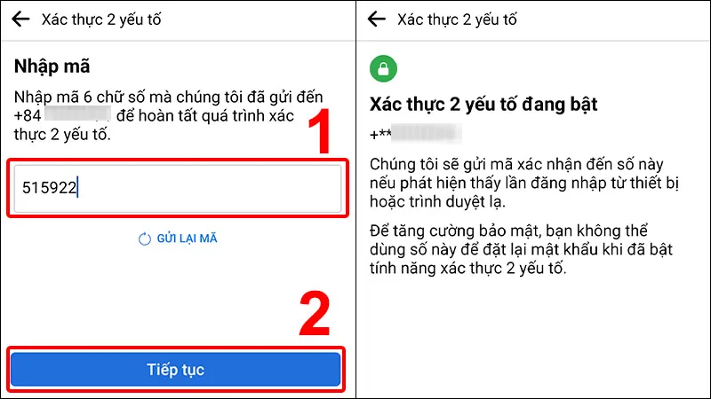 Hoàn tất xác thực theo phương thức bạn chọn để bật bảo mật 2 lớp Facebook