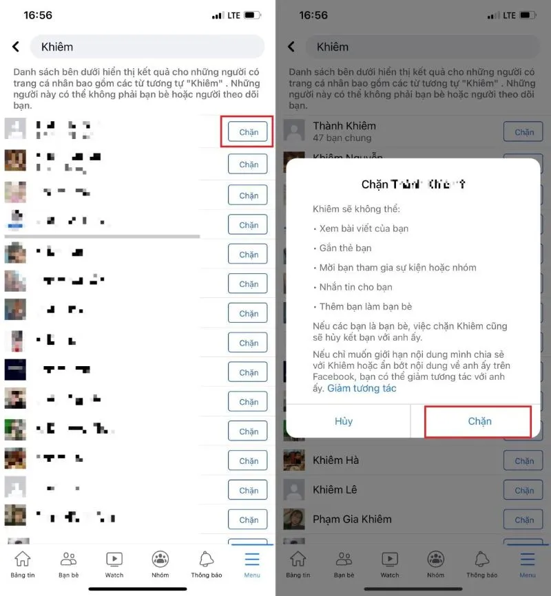 Hoàn thành cách block facebook người khác bằng cách xác nhận tên tài khoản