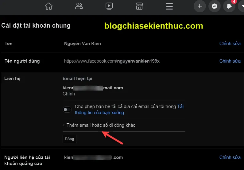 Hộp thoại hiển thị tùy chọn 'Thêm Email hoặc di động khác' trong cài đặt thông tin liên hệ.