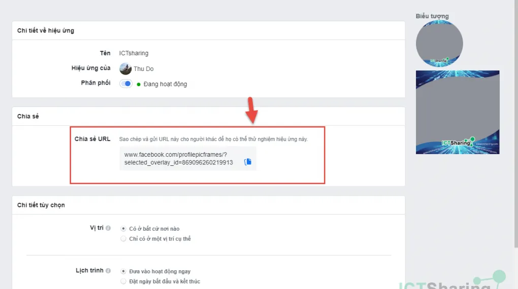 Hộp thoại hiển thị URL chia sẻ riêng tư của Frame Facebook