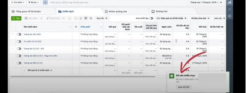 Hộp thoại xác nhận hủy quảng cáo, yêu cầu người dùng xác nhận hành động xóa