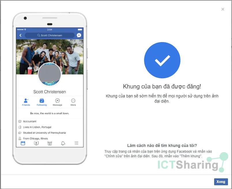 Hộp thoại xác nhận việc đăng Frame Facebook thành công