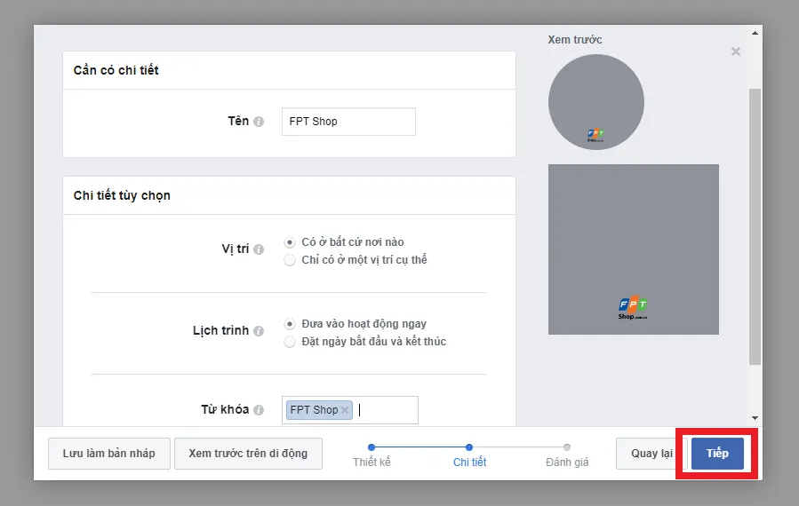 Hướng dẫn tạo khung frame Facebook: Điền đầy đủ thông tin Tên, Vị trí, Lịch trình sử dụng và Từ khóa