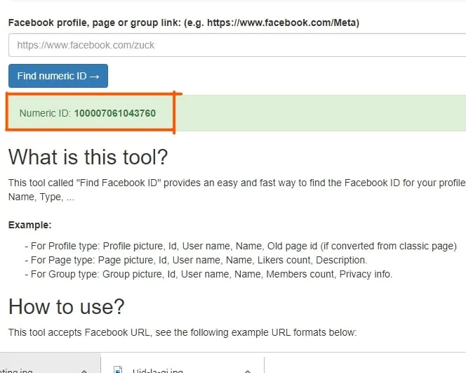 Kết quả UID trả về từ FindidFB