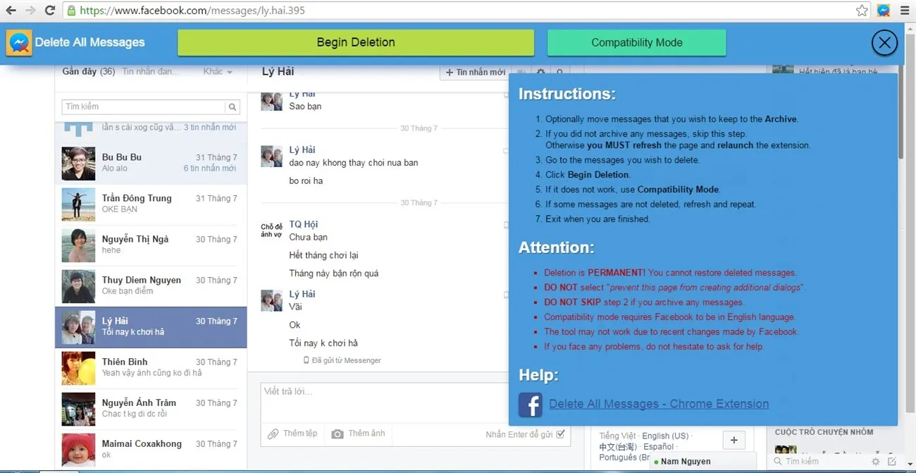Lựa chọn chế độ xóa tin nhắn