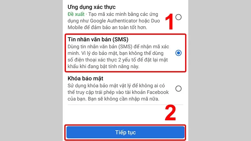 Lựa chọn một trong ba phương thức bảo mật 2 lớp Facebook để tiếp tục