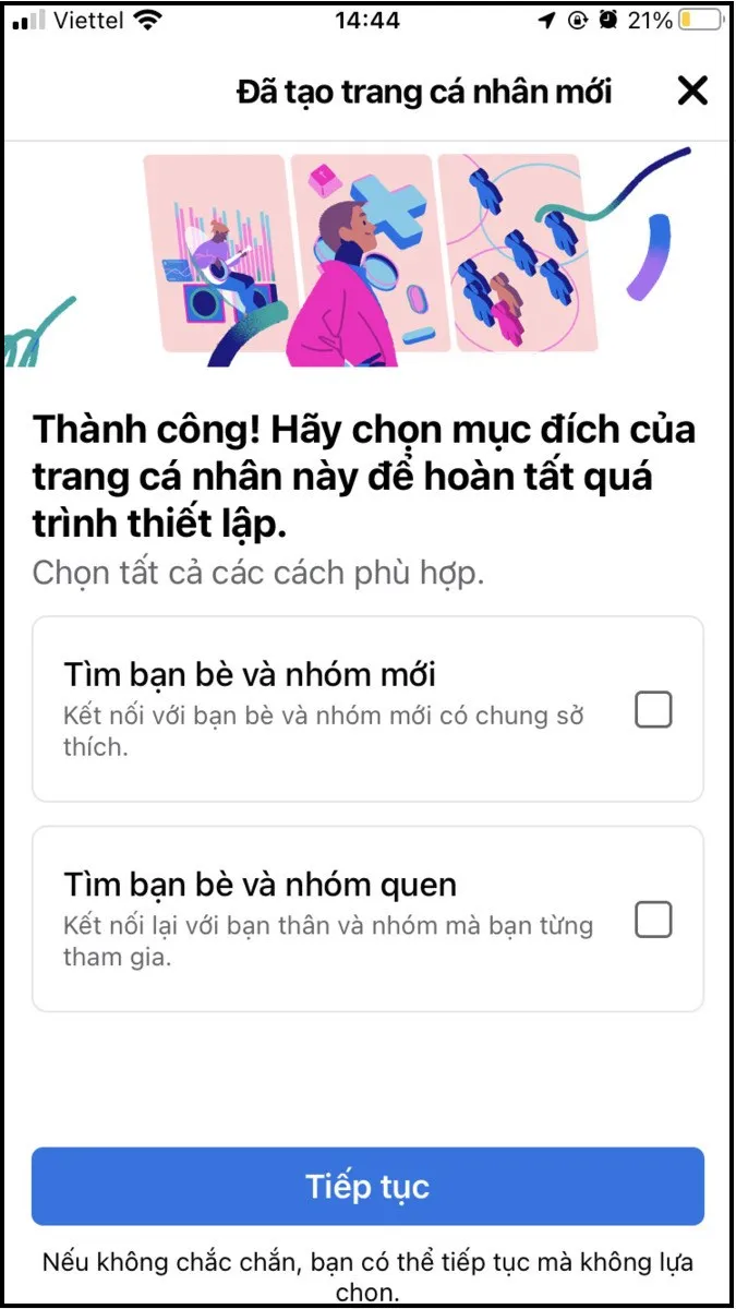 Lựa chọn mục đích sử dụng cho trang cá nhân khi áp dụng cách tạo một trang Facebook