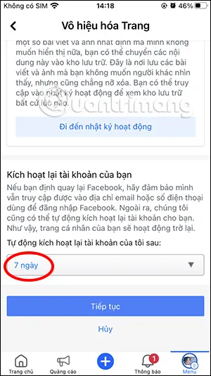 Lựa chọn thời gian ẩn Fanpage Facebook tự động kích hoạt lại.