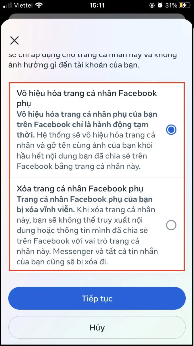 Lựa chọn tính năng xoá hoặc vô hiệu hoá cho trang cá nhân