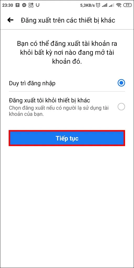 Lựa chọn trạng thái đăng nhập sau khi khôi phục mật khẩu Facebook
