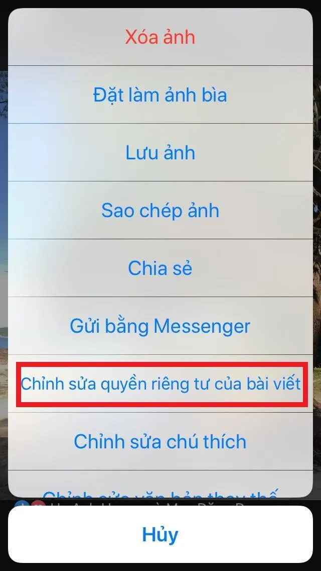 Màn hình chọn chế độ quyền riêng tư cho bài viết trên Facebook