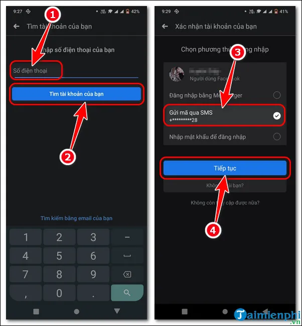 Màn hình chọn phương thức nhận mã khôi phục qua SMS hoặc Email