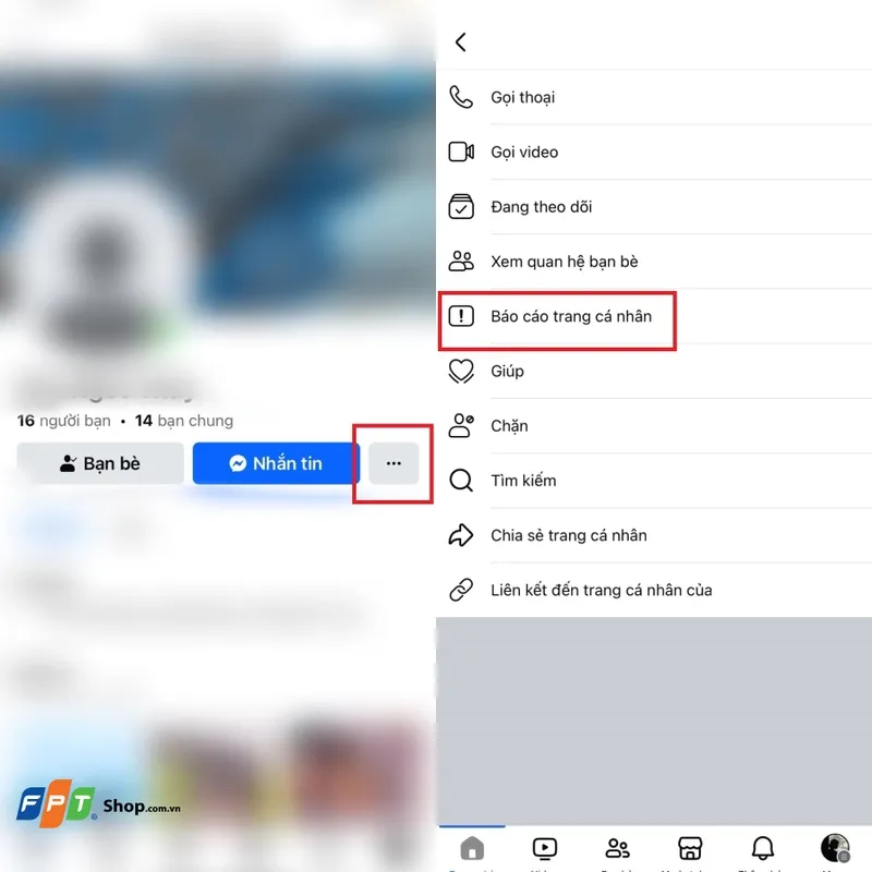 Màn hình điện thoại hiển thị nút Báo cáo trang cá nhân Facebook