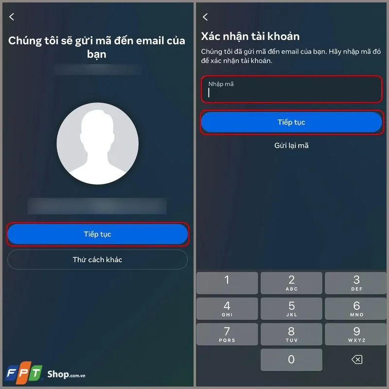 Màn hình điện thoại hiển thị ô nhập mã xác nhận Facebook