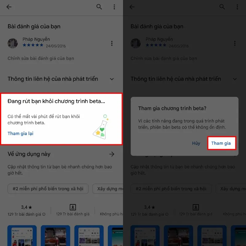 Màn hình giao diện tham gia chương trình Beta của Facebook