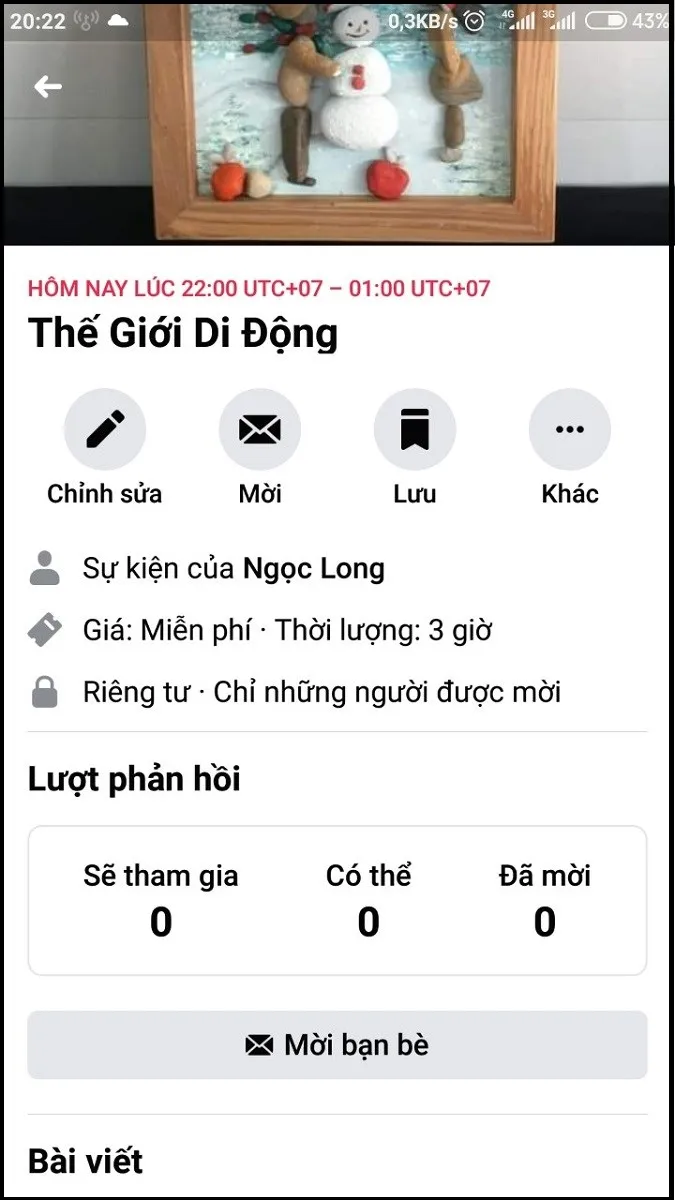 Màn hình hiển thị sự kiện Facebook sau khi tạo thành công
