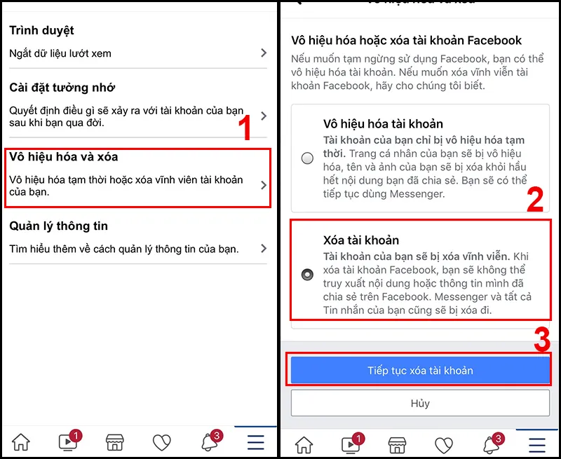 Màn hình hướng dẫn cách xóa tài khoản Facebook vĩnh viễn trên giao diện cài đặt